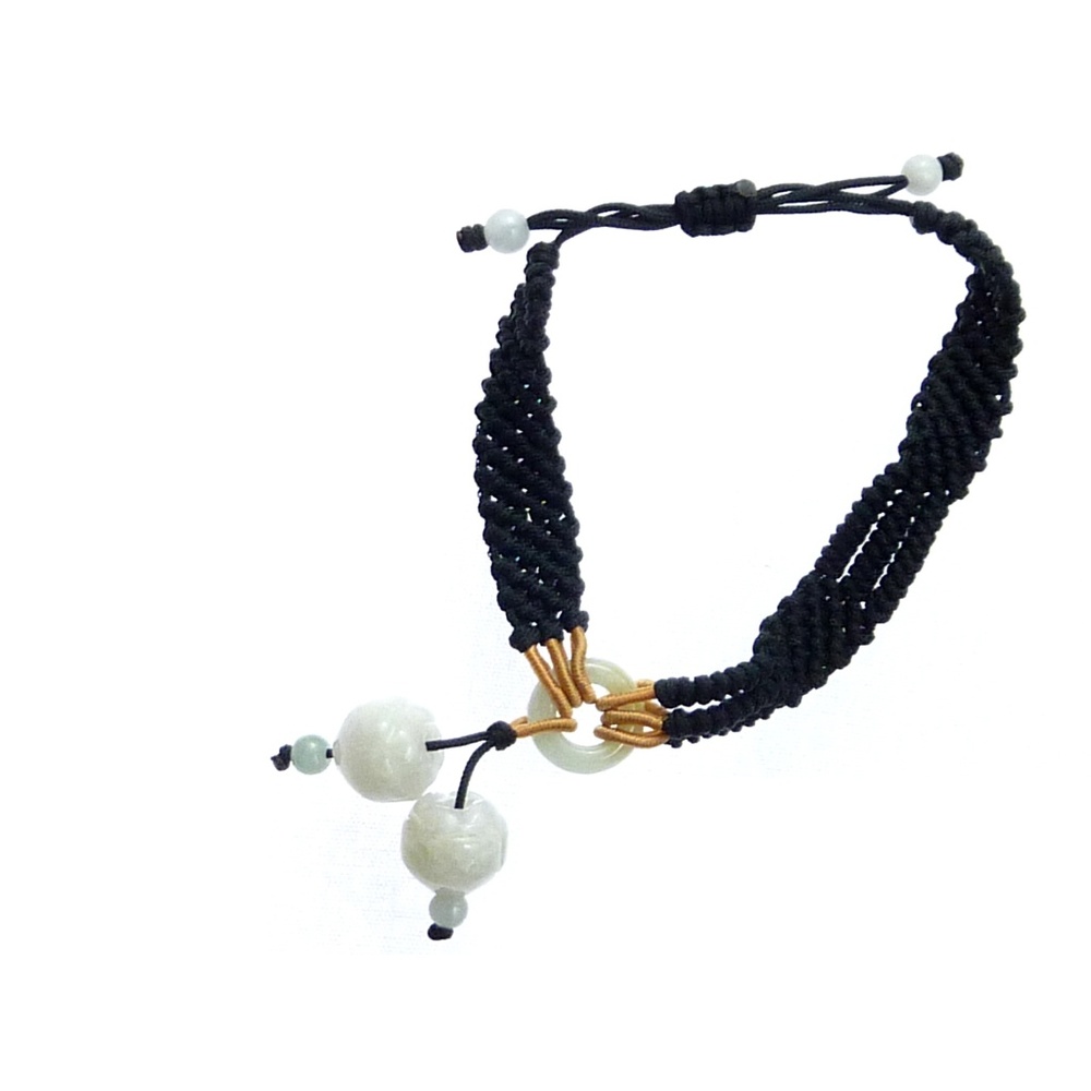 White Jadeite Jade Lotus Flower Bracelet Adjustable Knotted Macrame Boho Jewelry